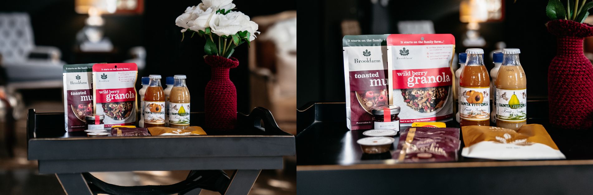 millthorpe guide day trip Continental breakfast offering at de Russie Boutique Hotel Orange featuring granola, muesli, fresh juices, and gourmet pantry items styled on a tray with floral décor in a boutique accommodation setting.