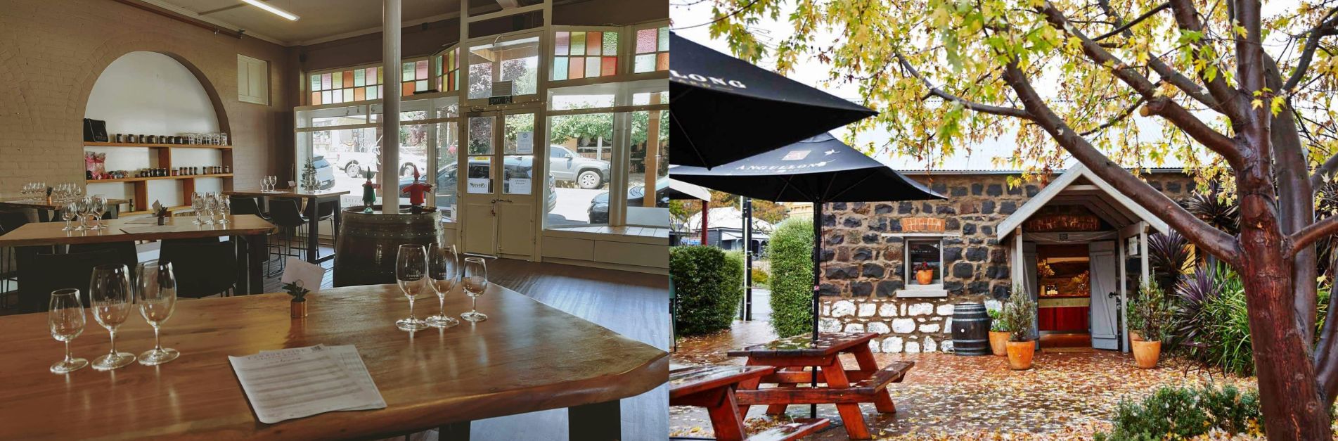 millthorpe guide day trip (2) Interior of Tamburlaine Millthorpe Cellar Door with wooden tasting tables and wine glasses set for a tasting, alongside the exterior of Angullong Wines featuring a rustic stone building, outdoor seating, and autumn foliage in Millthorpe, NSW.