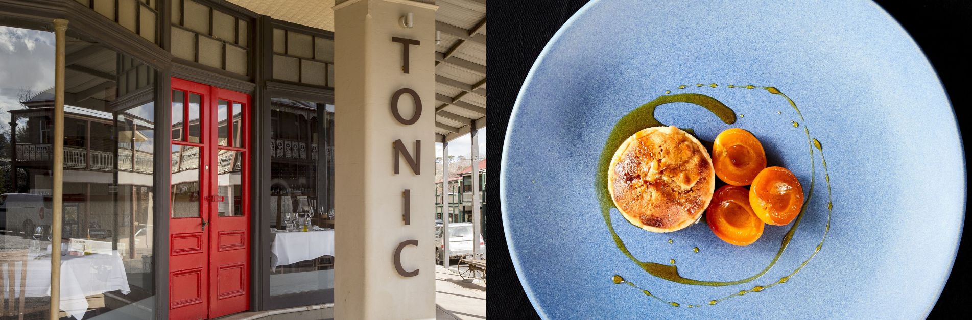 tonic millthorpe Exterior of Tonic Restaurant in Millthorpe featuring its iconic red doors and heritage façade, paired with a beautifully plated dessert showcasing seasonal fruit and fine dining presentation.