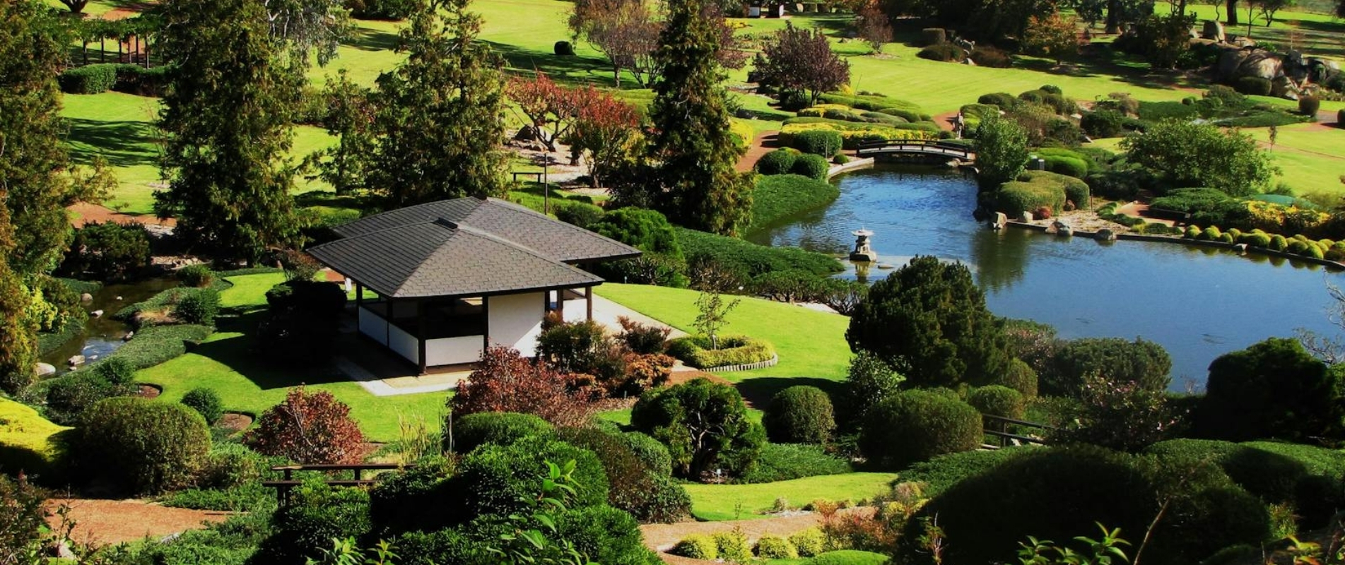 Landscaped Japanese gardens, pond and traditional pavilion at Cowra Japanese Garden