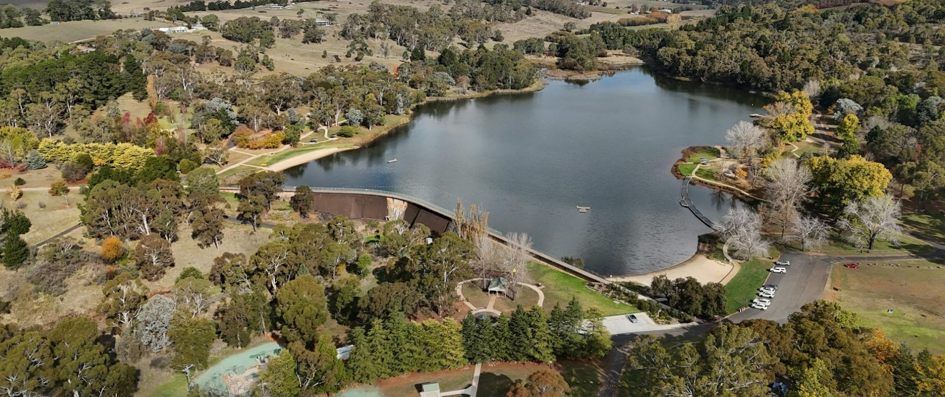 Aerial view of Lake Canobolas surrounded by countryside and trees near Orange NSW